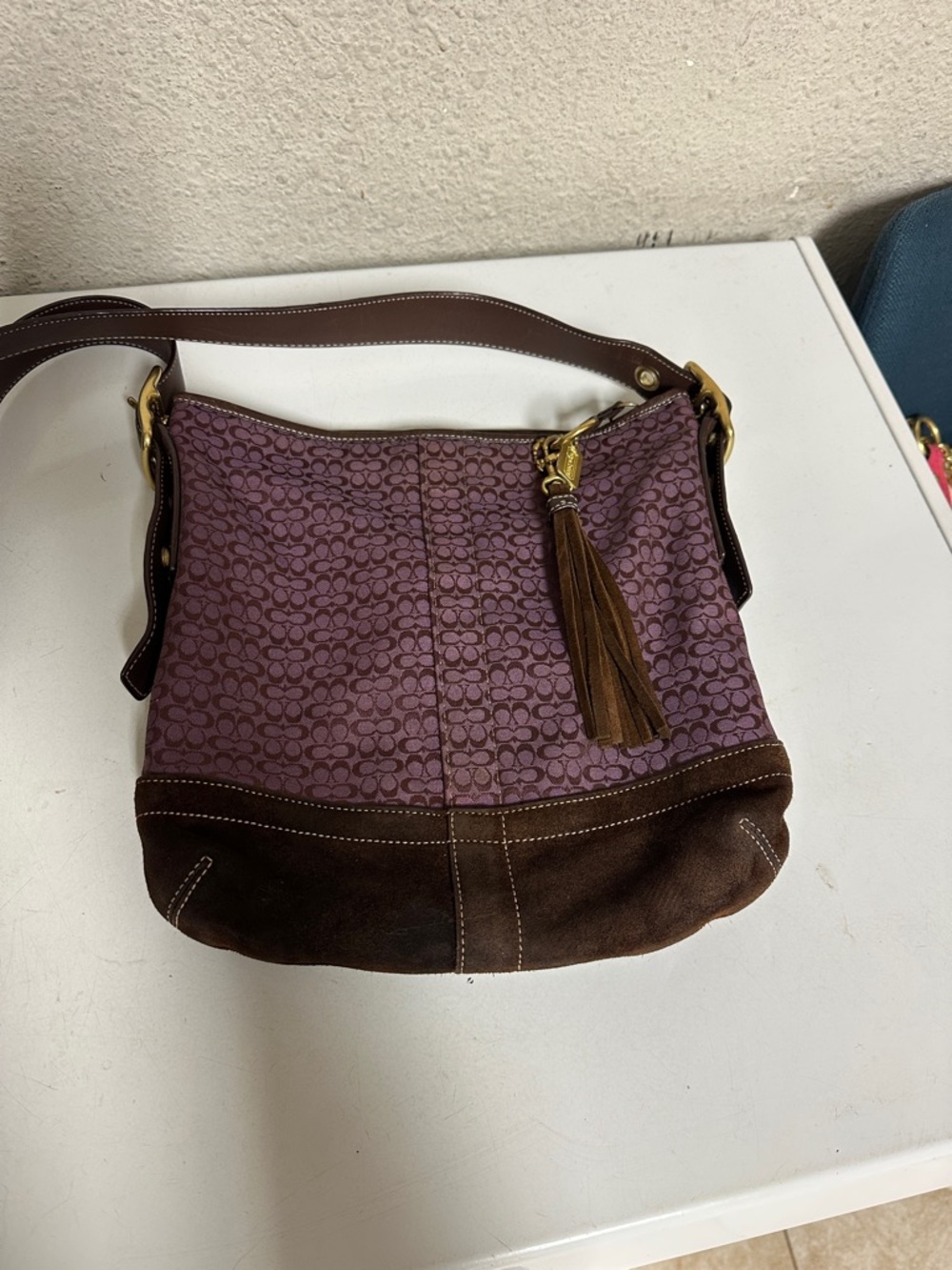 Coach Purple Signature Jacquard & Brown Suede Hobo with Tassel